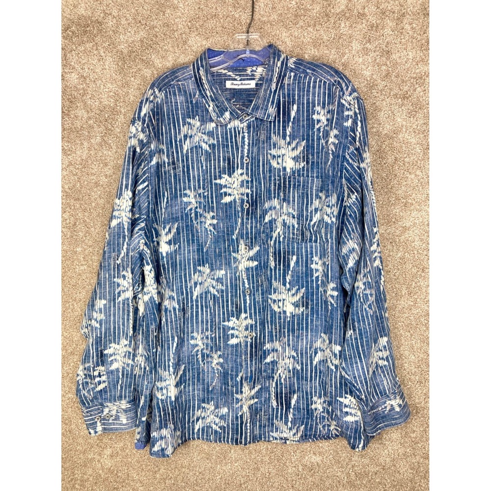Tommy Bahama Palm Tree Linen Button Up Shirt Mens Sz XXL Blue Resortwear Travel